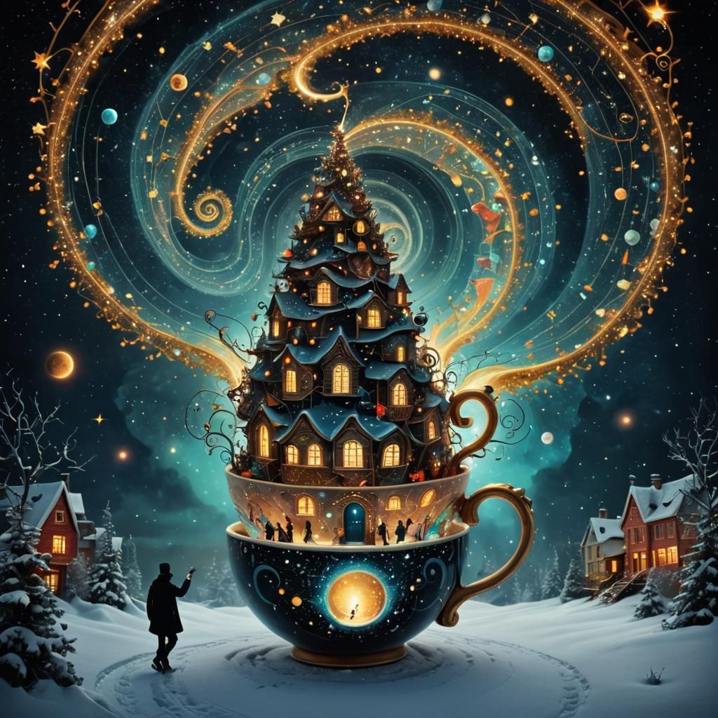 Surreal Spiraling Teacup Portal to a Starry Galaxy
