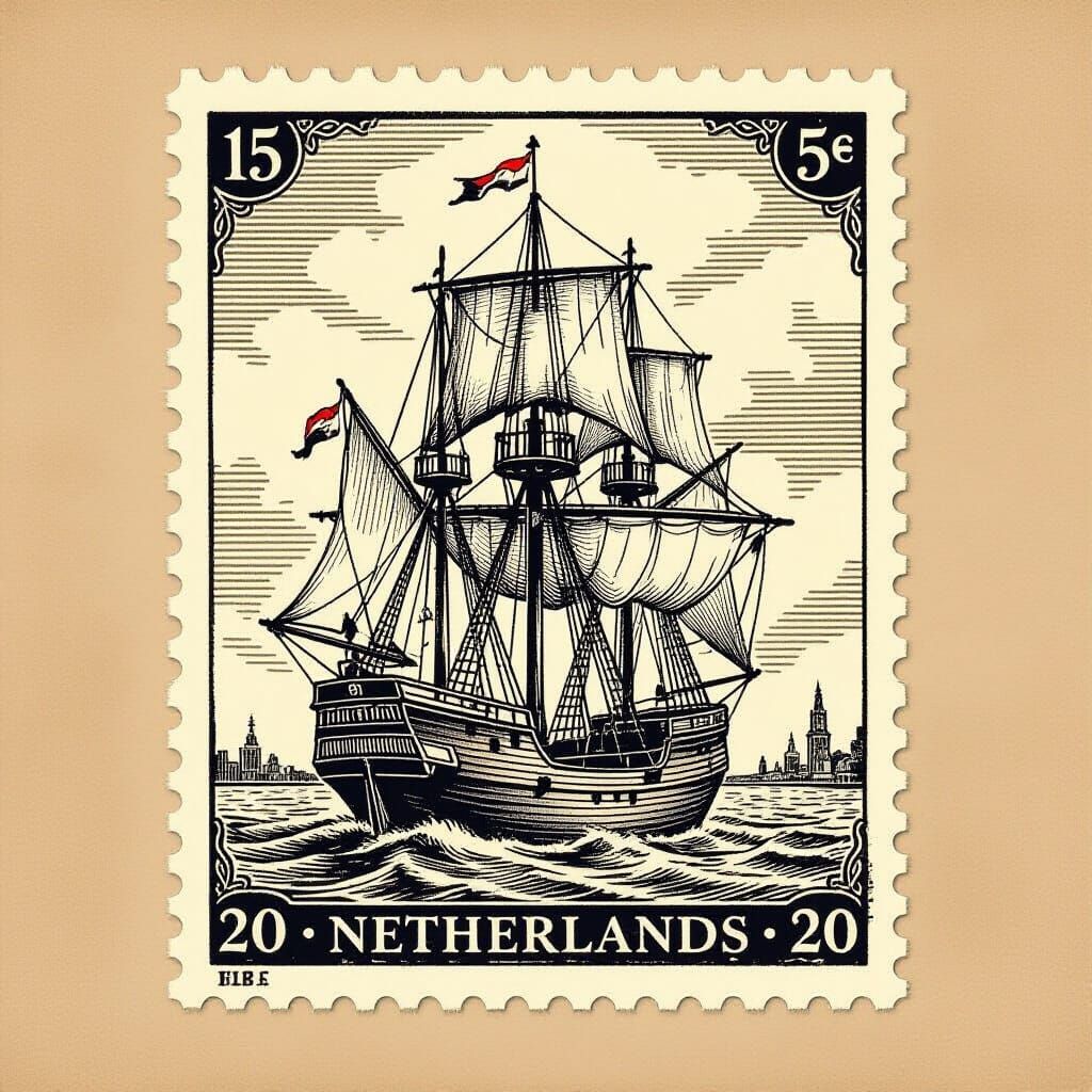 Antique Netherlands Stamp with Tall Ship