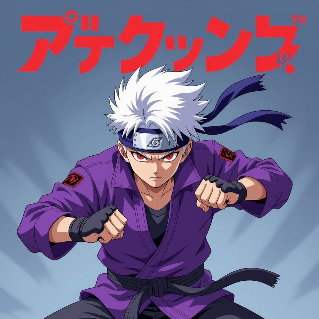 Anime Fighter: White Hair, Red Eyes, Purple Jacket