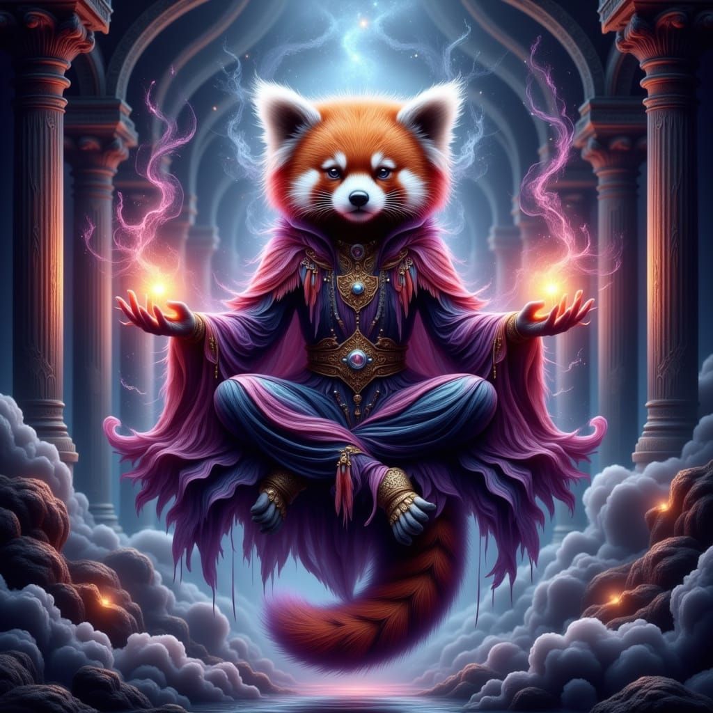 Ethereal Red Panda Mystic in Superhyperrealistic Temple Sett...