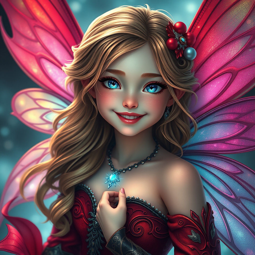Radiant Fairy Girl in Crimson Attire: Digital Art