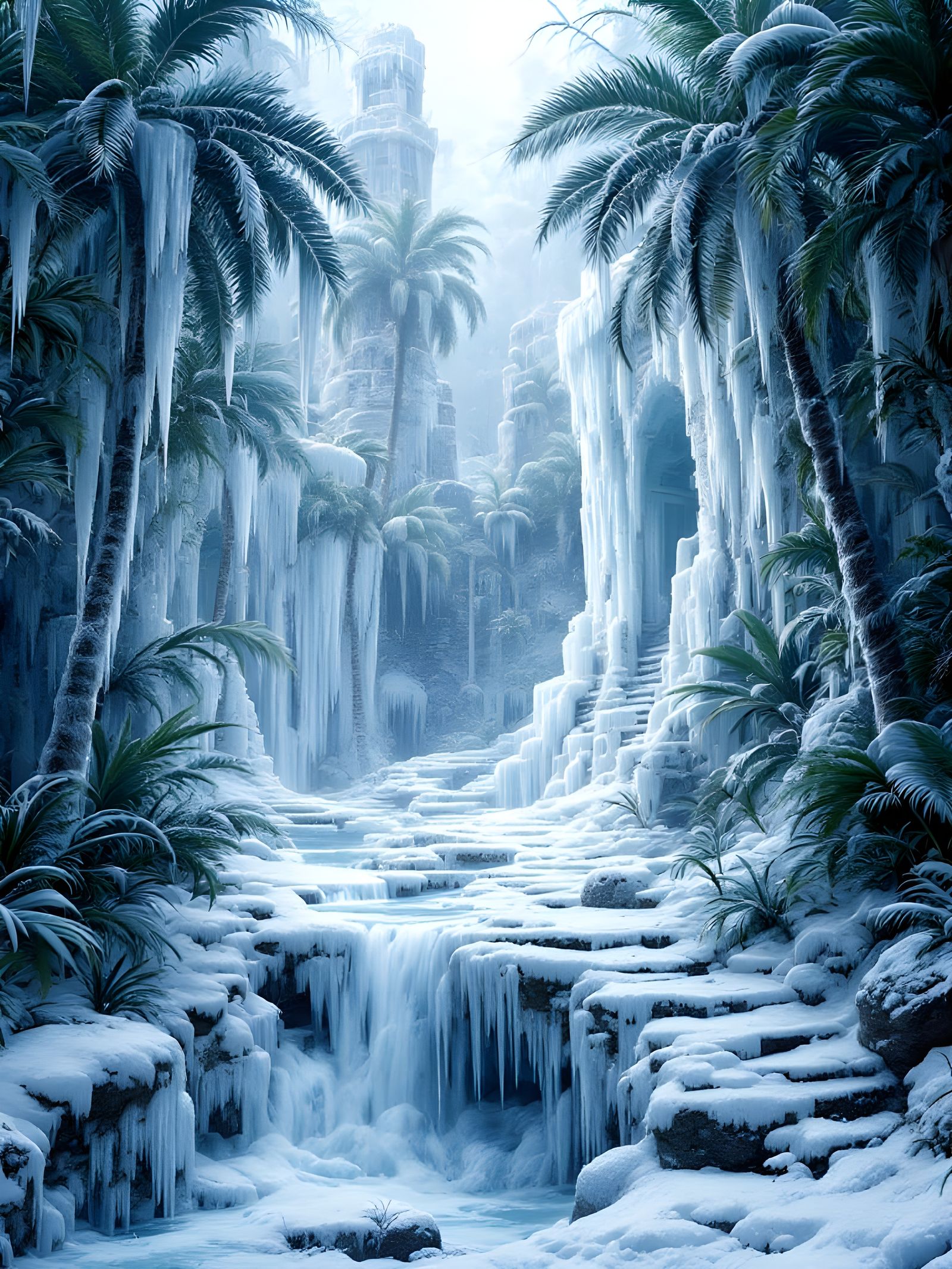 Iced Jungle: Frozen Ruins and Waterfall
