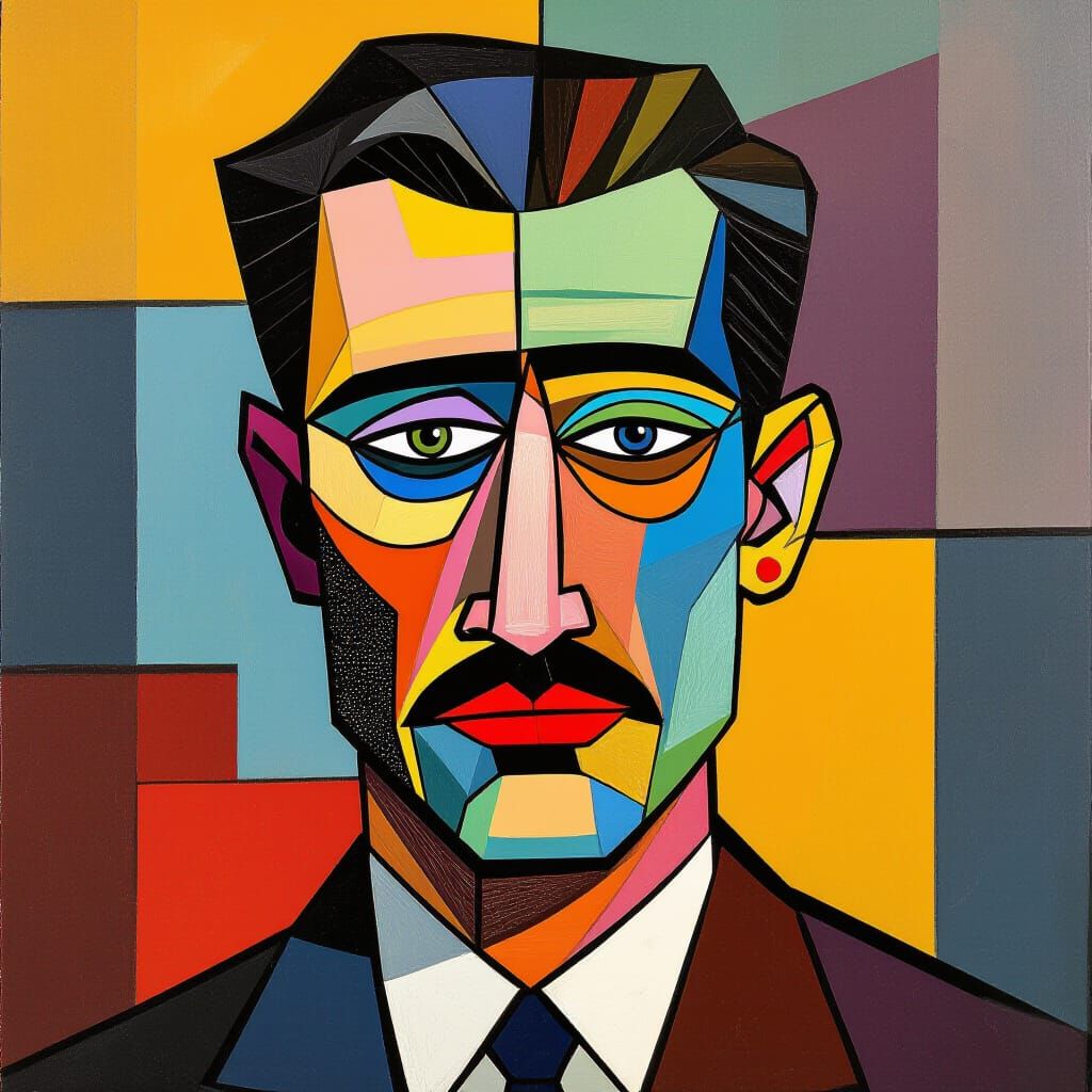 Geometric Cubist Painting with Art Deco Influence