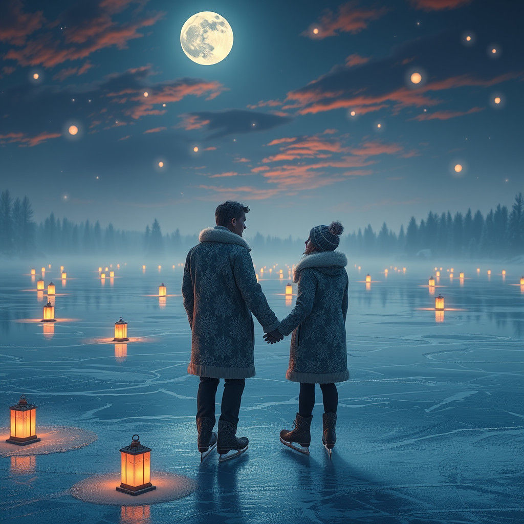 Serene Winter Wonderland Scene with Glowing Lanterns