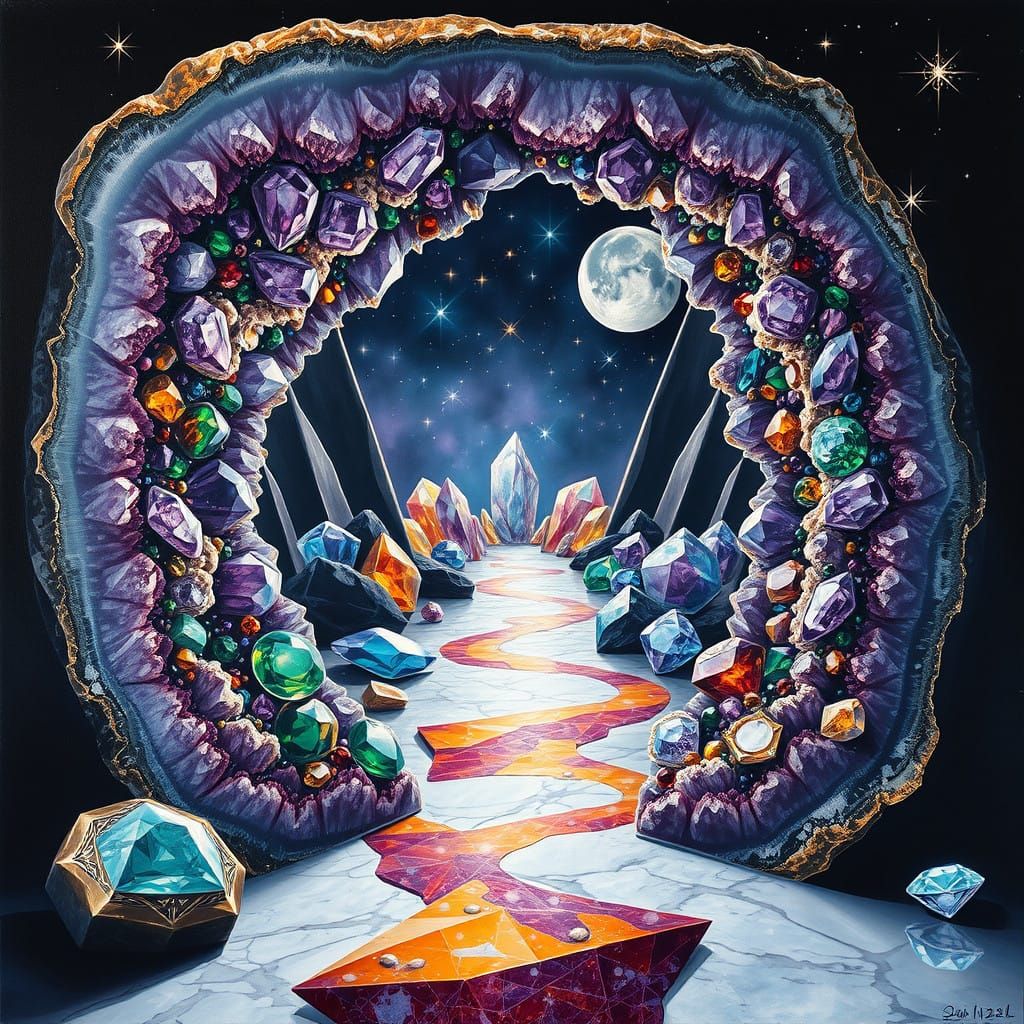 Hyperealistic Painting of a Geode Portal to a Dark Gemstone....