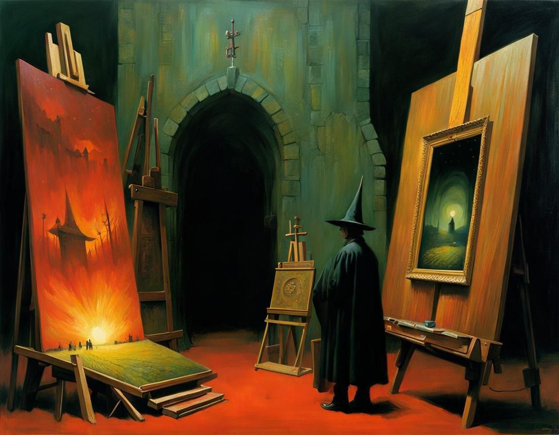 Witch Painter in Ominous Atelier, Detailed Matte Painting