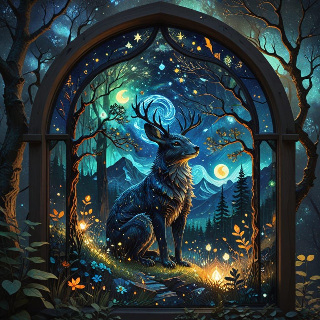 Adorable Forest Spirit Under Starry Night, Stained Glass Art