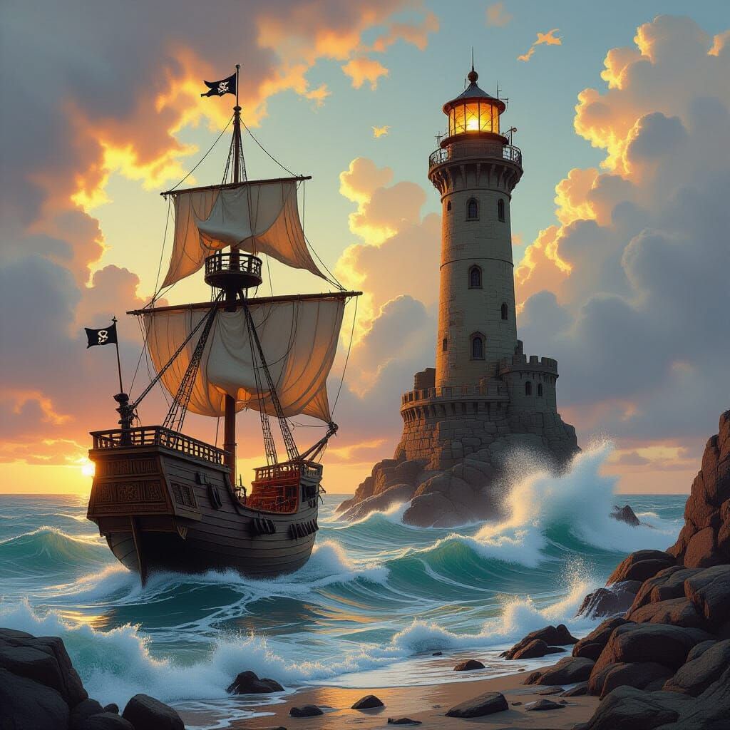 Pirate Ship Approaches Light Tower with Golden Lighting