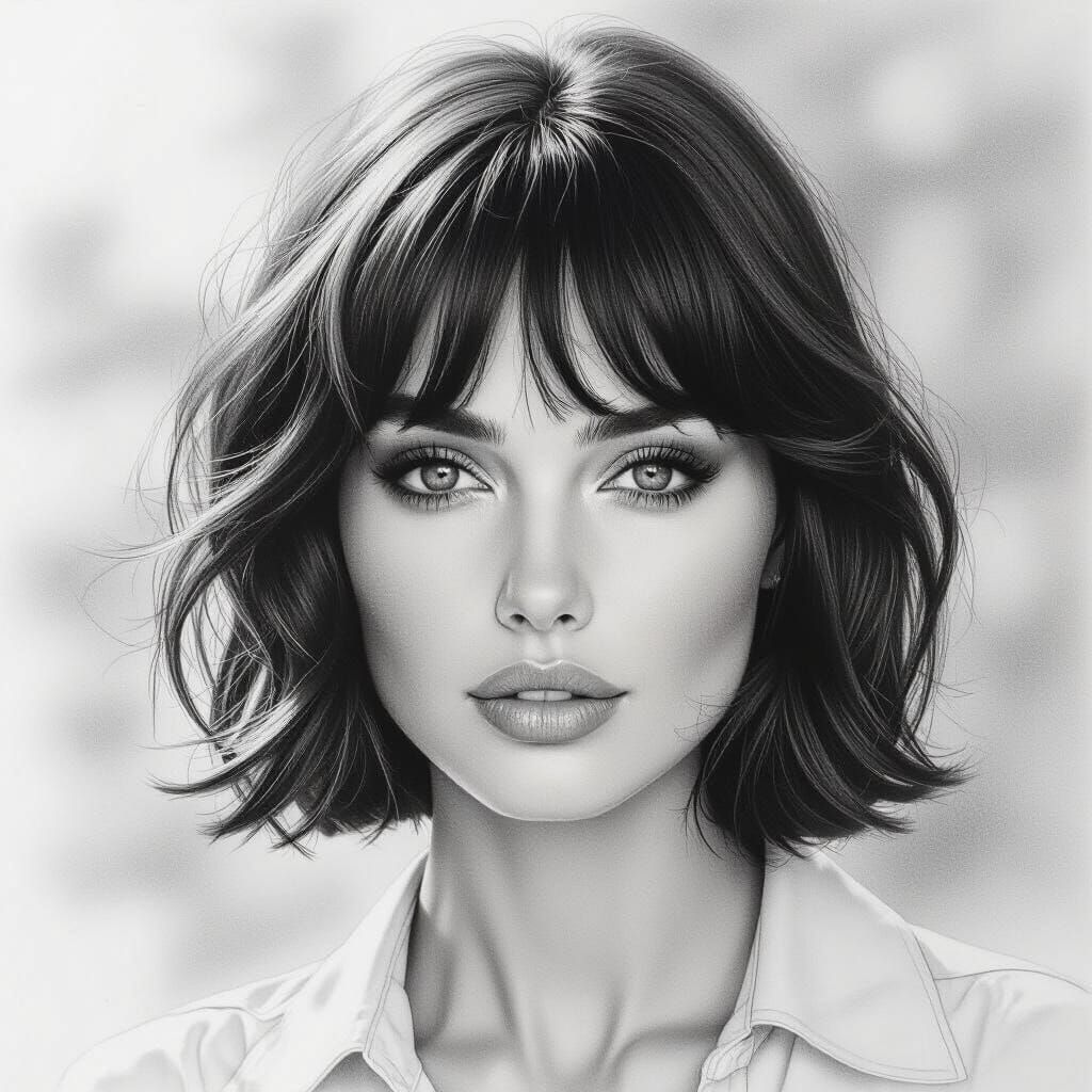 Serene Woman Portrait with Birkin Bangs in Pencil Drawing