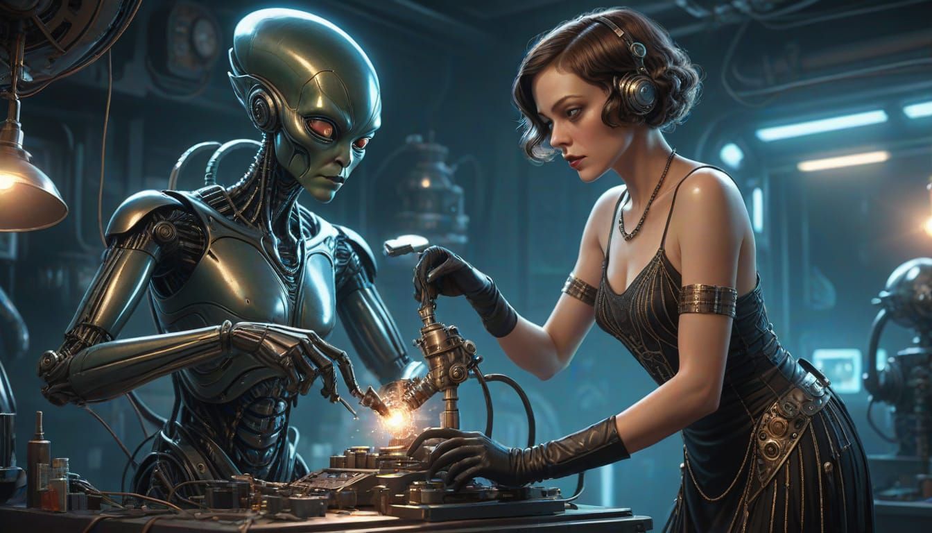 Alien Mechanic Repairs Android with Flapper Watching