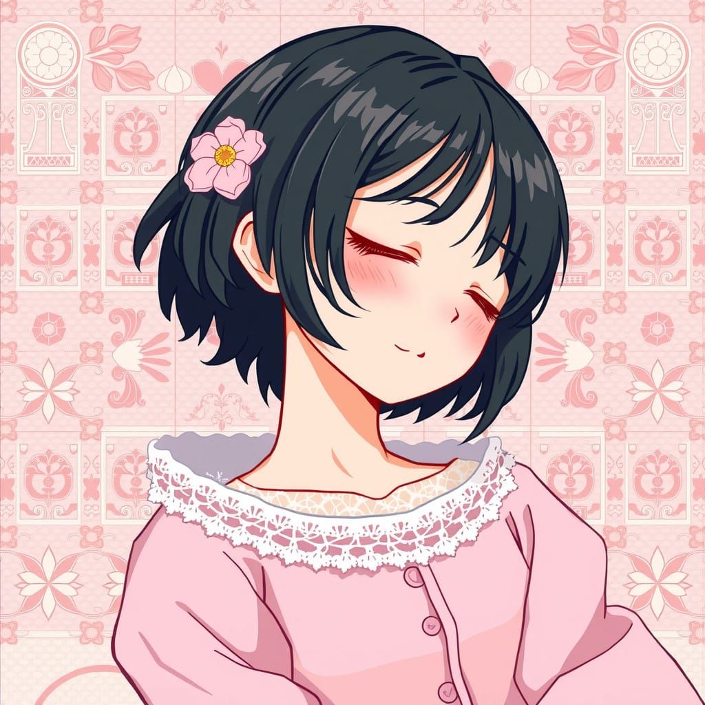 Serene Anime Woman in Pastel Pink Nightgown with Japanese Mo...