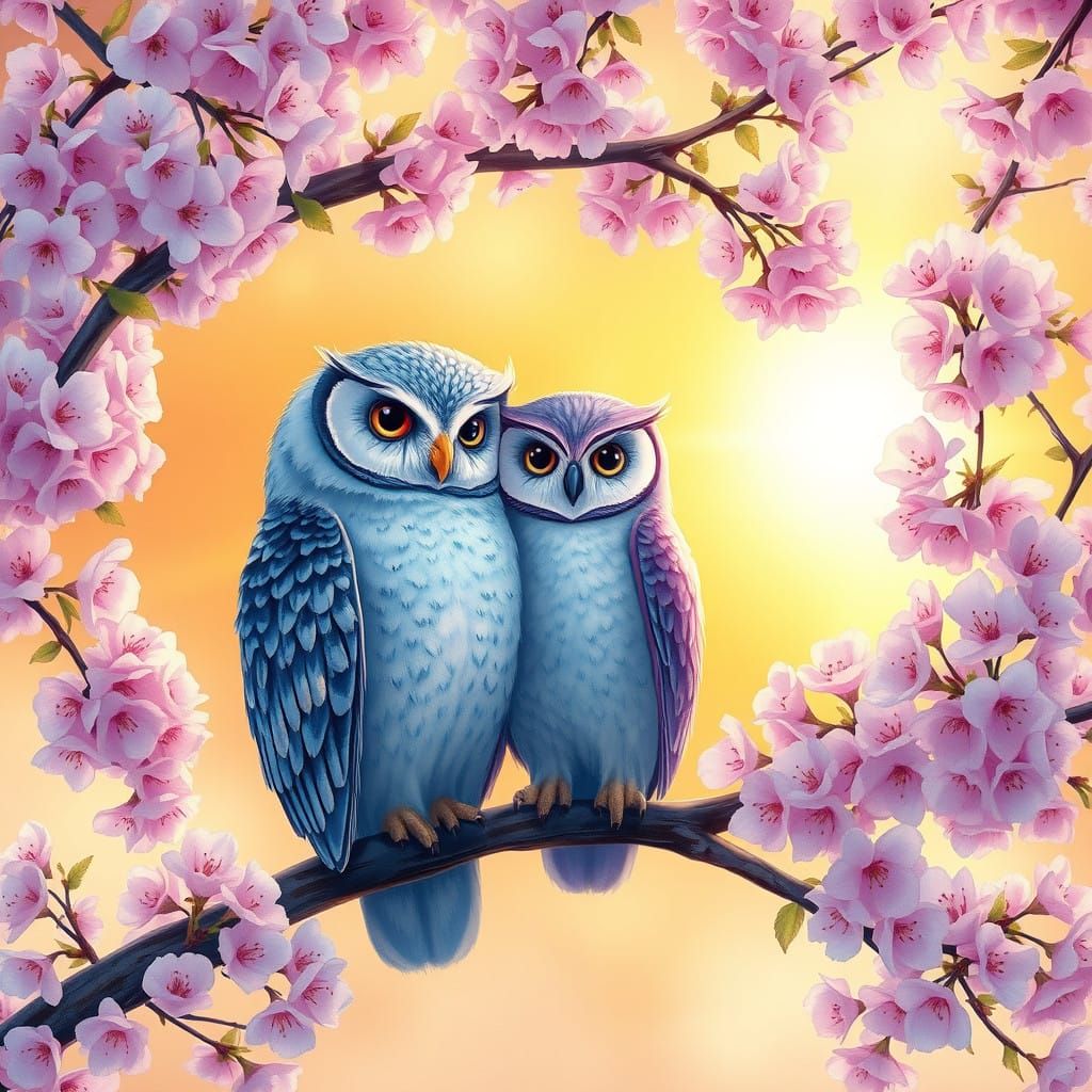 Serene Blue Owl Mother and Child in Cherry Blossom Tree at S...