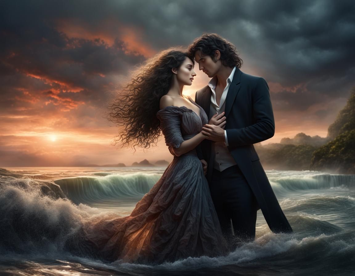 Romantic Couple's Waterside Embrace: Digital Matte Painting