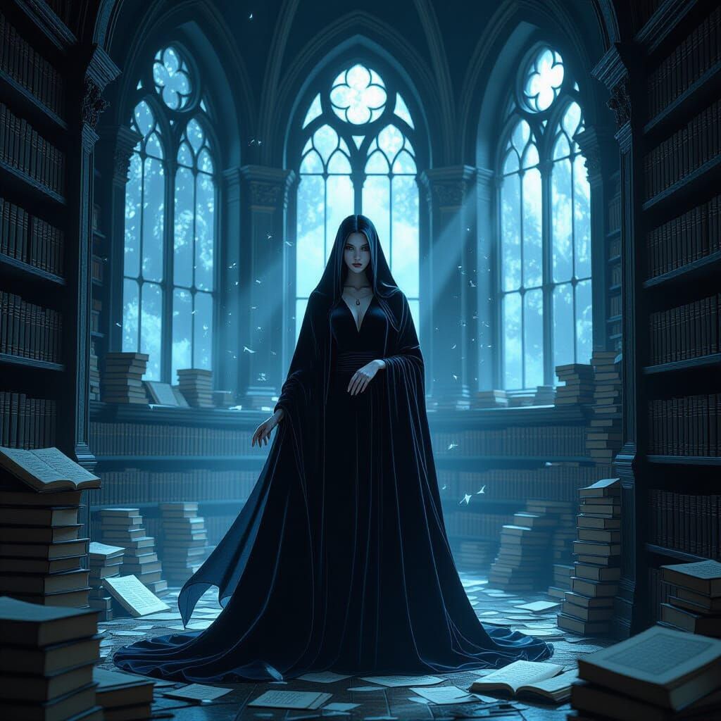 Ethereal Woman in Ancient Library, Dark Fantasy Anime Style