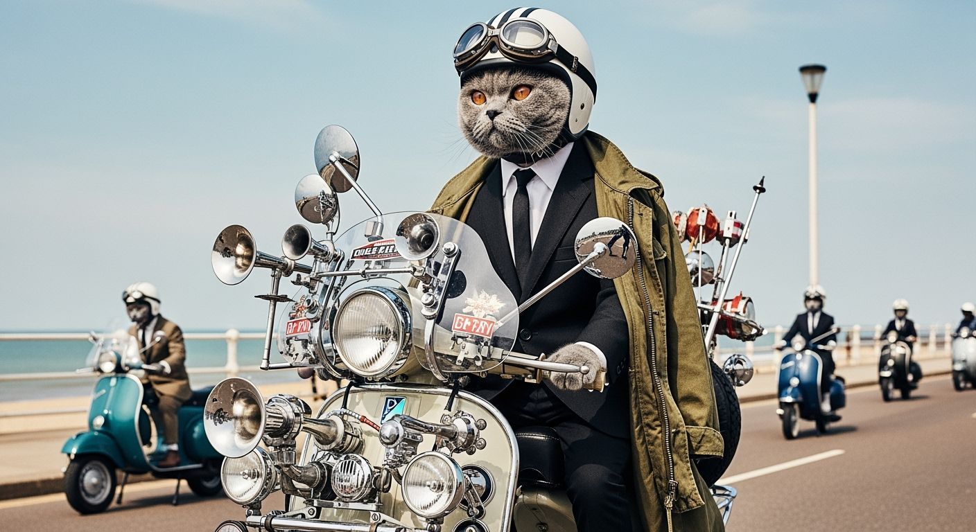Mod Cat on Vespa Scooter in 1960s Street Photography Style