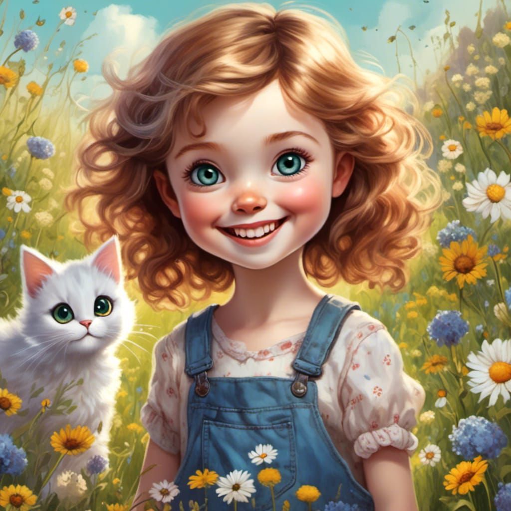 Girl with Cat in Meadow: Watercolour Portrait