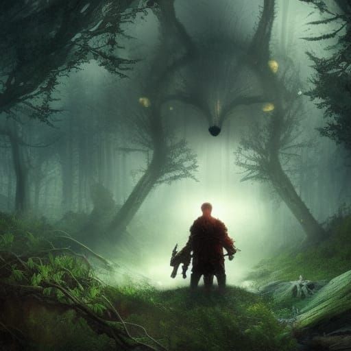 Cyborg Dawn in Forest with Falling Gears