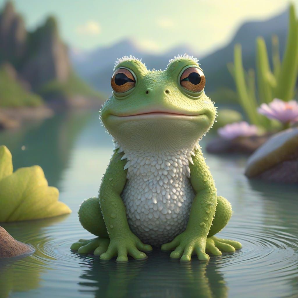 Cute Fluffy Frog Lina in a Surreal Lake - 3D Cartoon Style