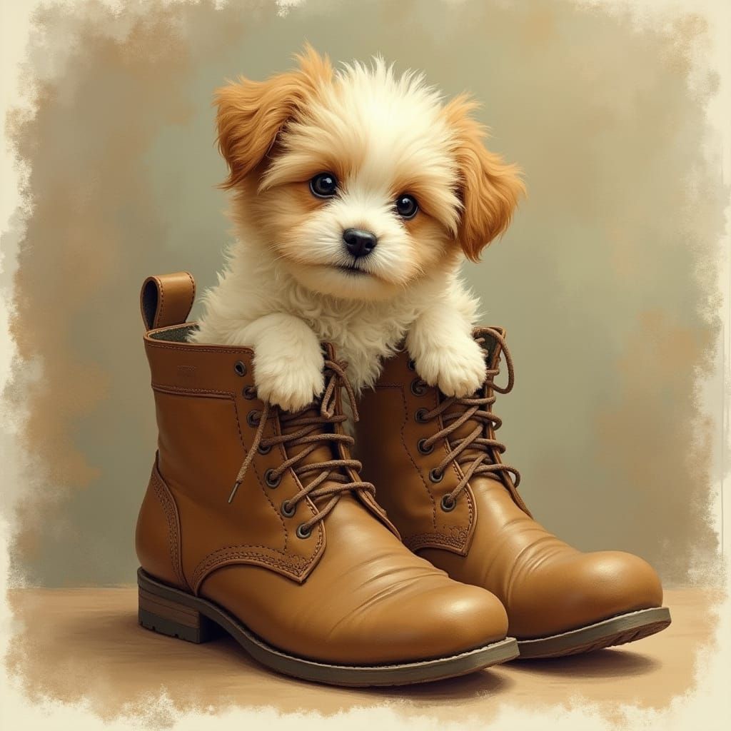 A Fluffy Dog at Home in a Vintage Boot