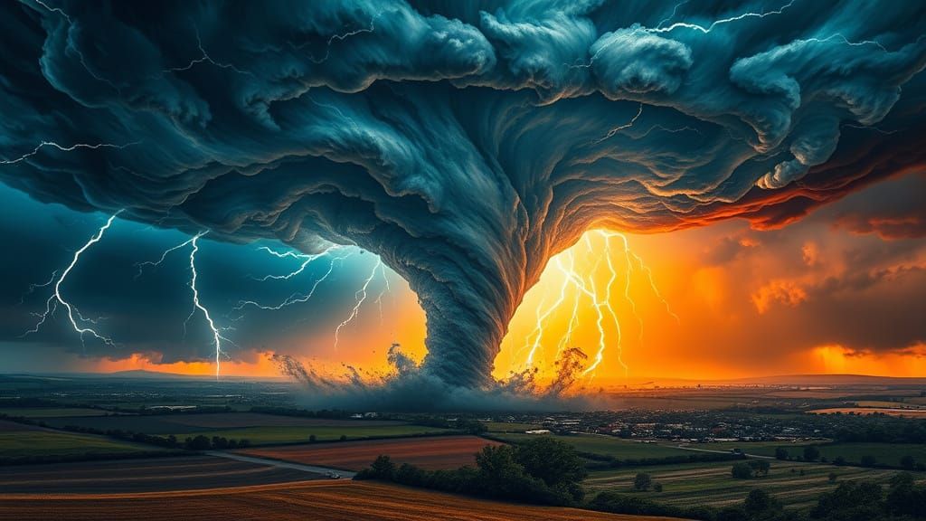 Cyberpunk-Style Tornado Devastates a Vibrant Landscape