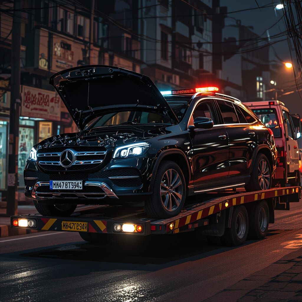 Damaged Black Mercedes GLE 300 at Night
