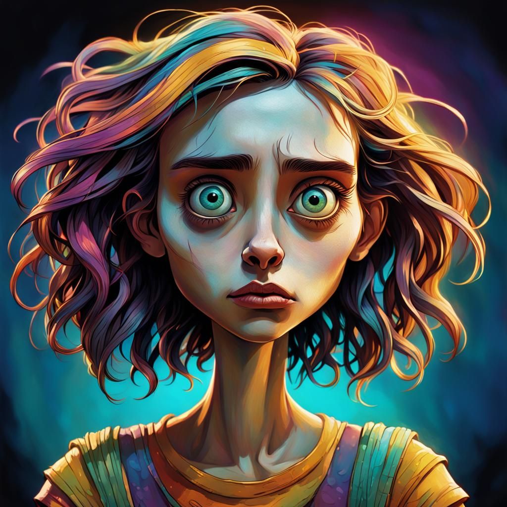 Sad Girl Portrait in Tim Burton Cartoon Style