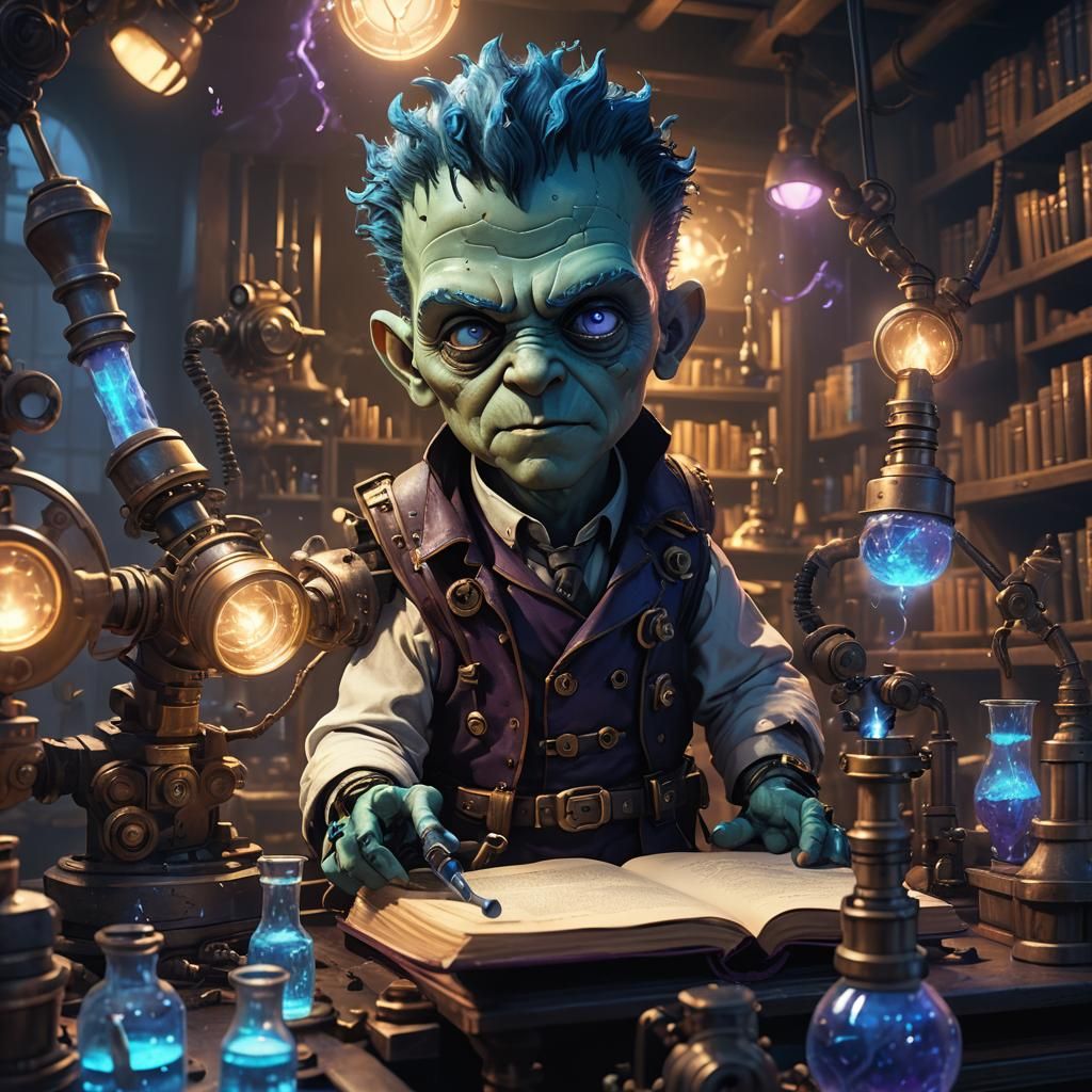 Baby Frankenstein Working in Laboratory Concept Art
