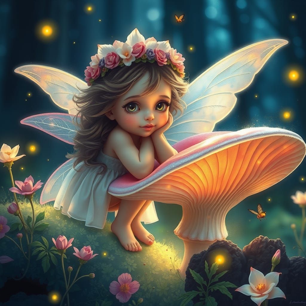 Fairy Girl Climbing Mushroom in Mystical Forest