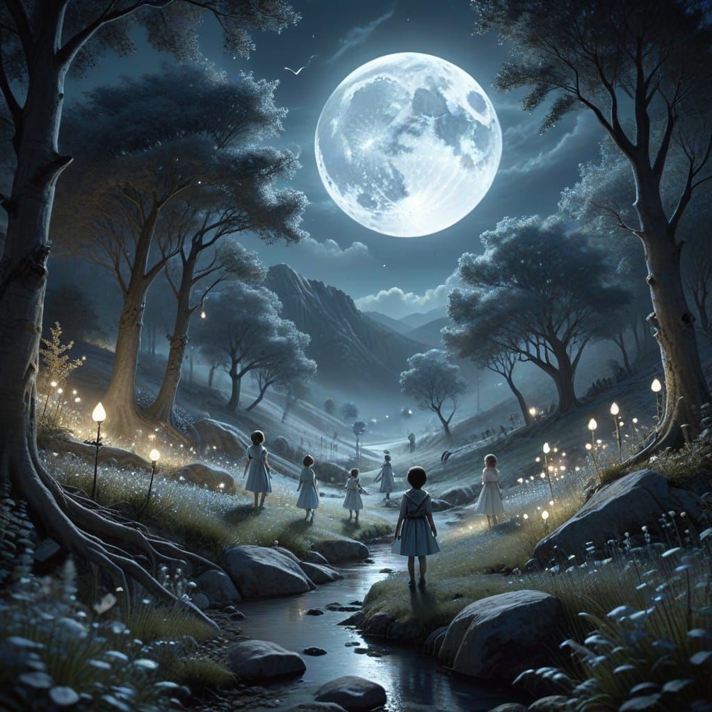 Children Playing in Moonlit Valley - Whimsical Fantasy Art