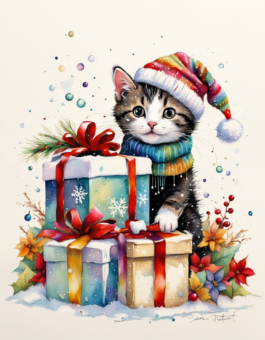 Elegant Kitten in Christmas Sweater with Gift