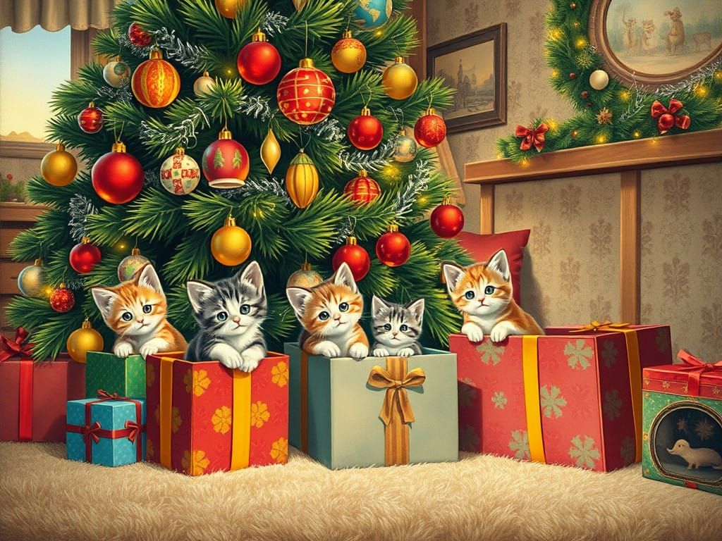 Whimsical Kitties Emerge from Vintage Christmas Giftboxes