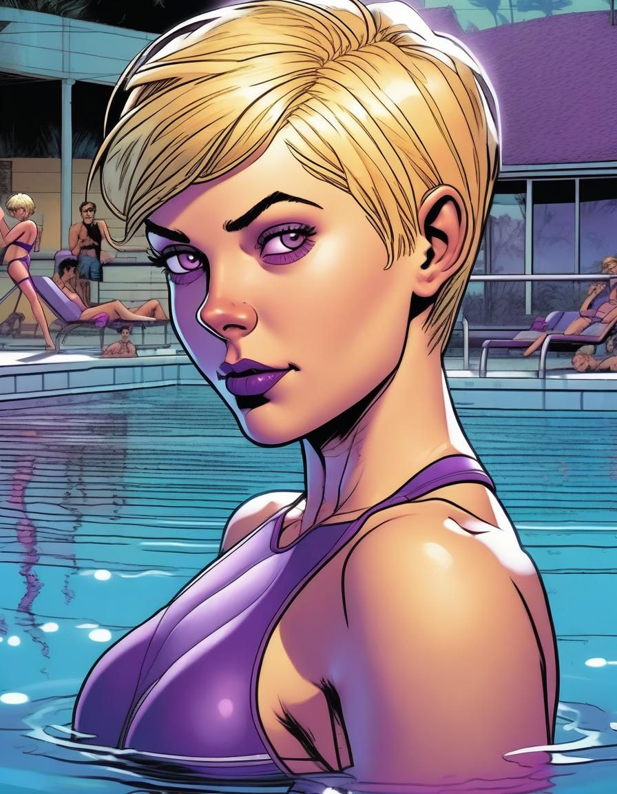 Athletic Blonde in Purple Bikini, Comic Book Art