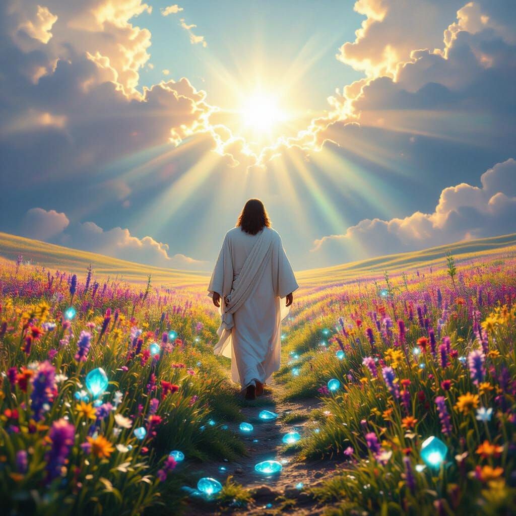 Jesus Christ Walks Through Rainbow Fields with Glowing Aquam...