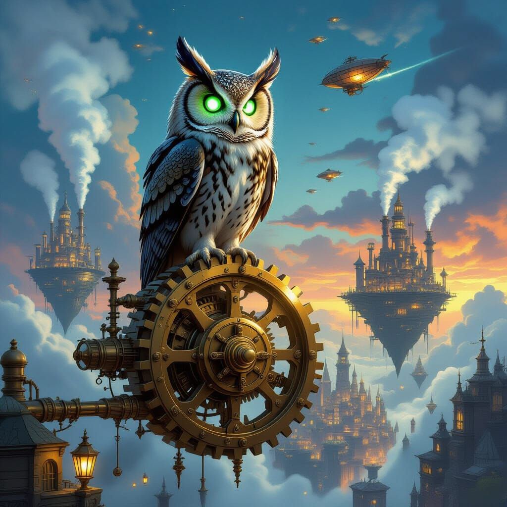 Clockwork Owl Over Steampunk City on Floating Islands
