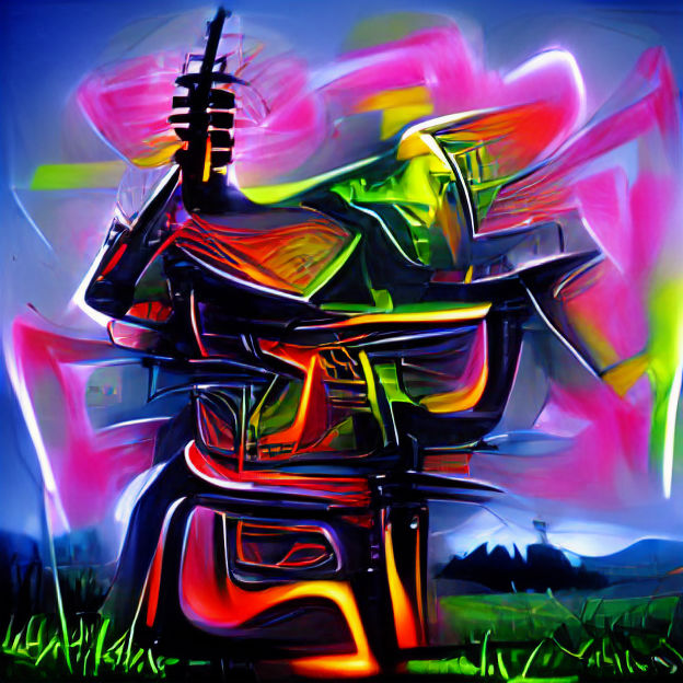 Neon Samurai Listening to Music in Field