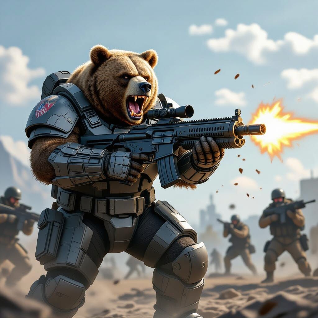 Grizzly Bear Warrior in Power Armor Firing Minigun