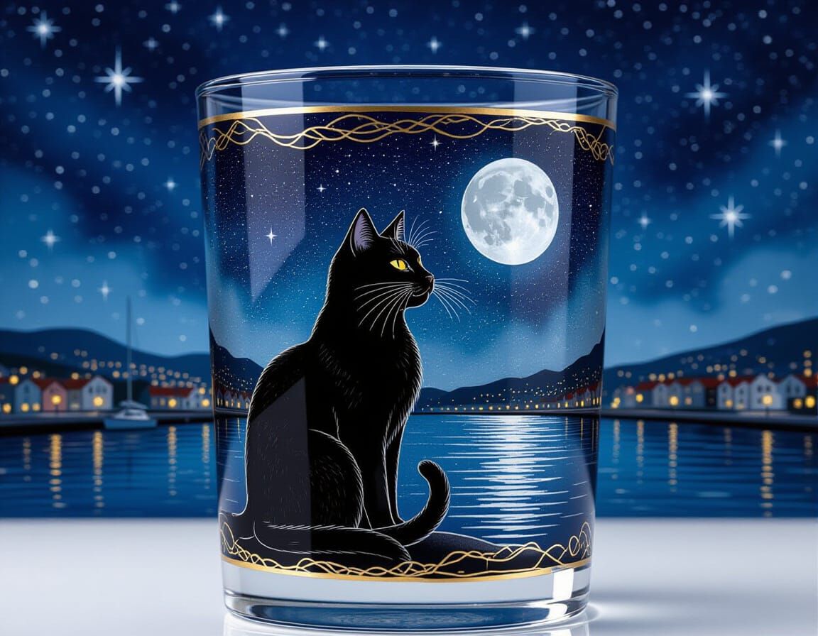 Alcohol Ink Black Cat Under Starry Moonlit Harbor