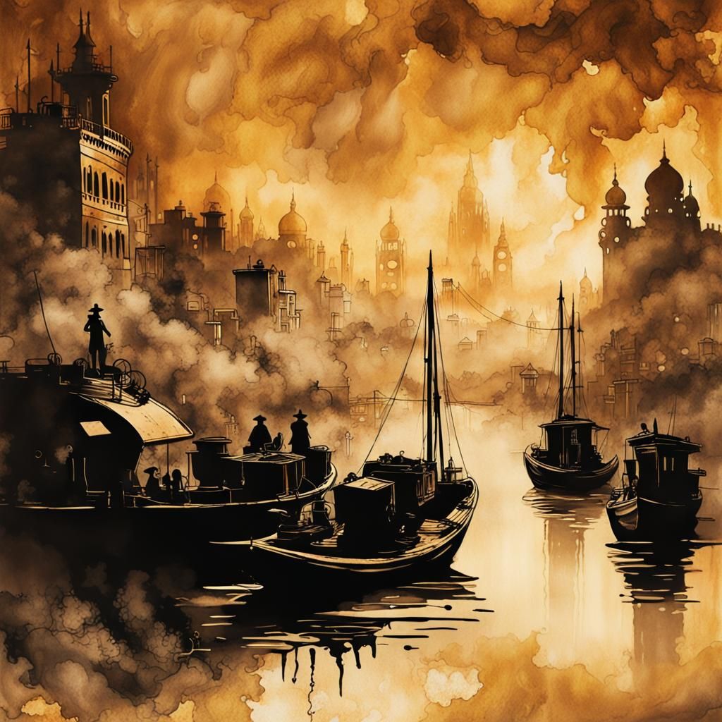 Steampunk Cityscape with Silhouetted Boats on the Ganga