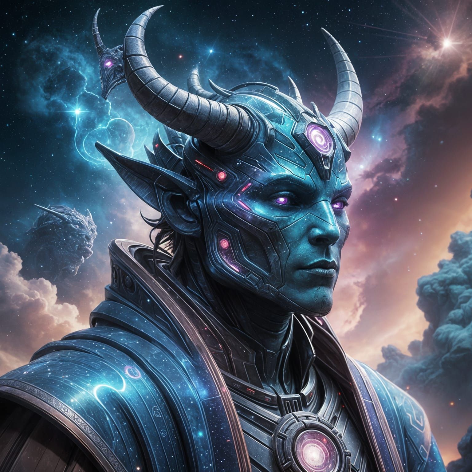 Magnificent Cosmic Futurism Horned Humanoid in Sci-Fi