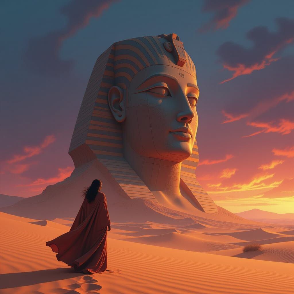 Desert Wanderer with Ancient Statue, Hyperrealistic Matte Pa...