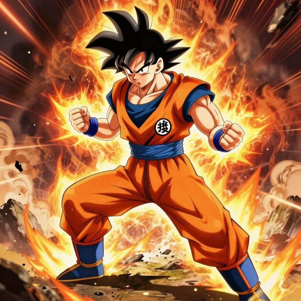 Goku in Dynamic Fighting Pose with Ki Energy in Fiery Landsc...