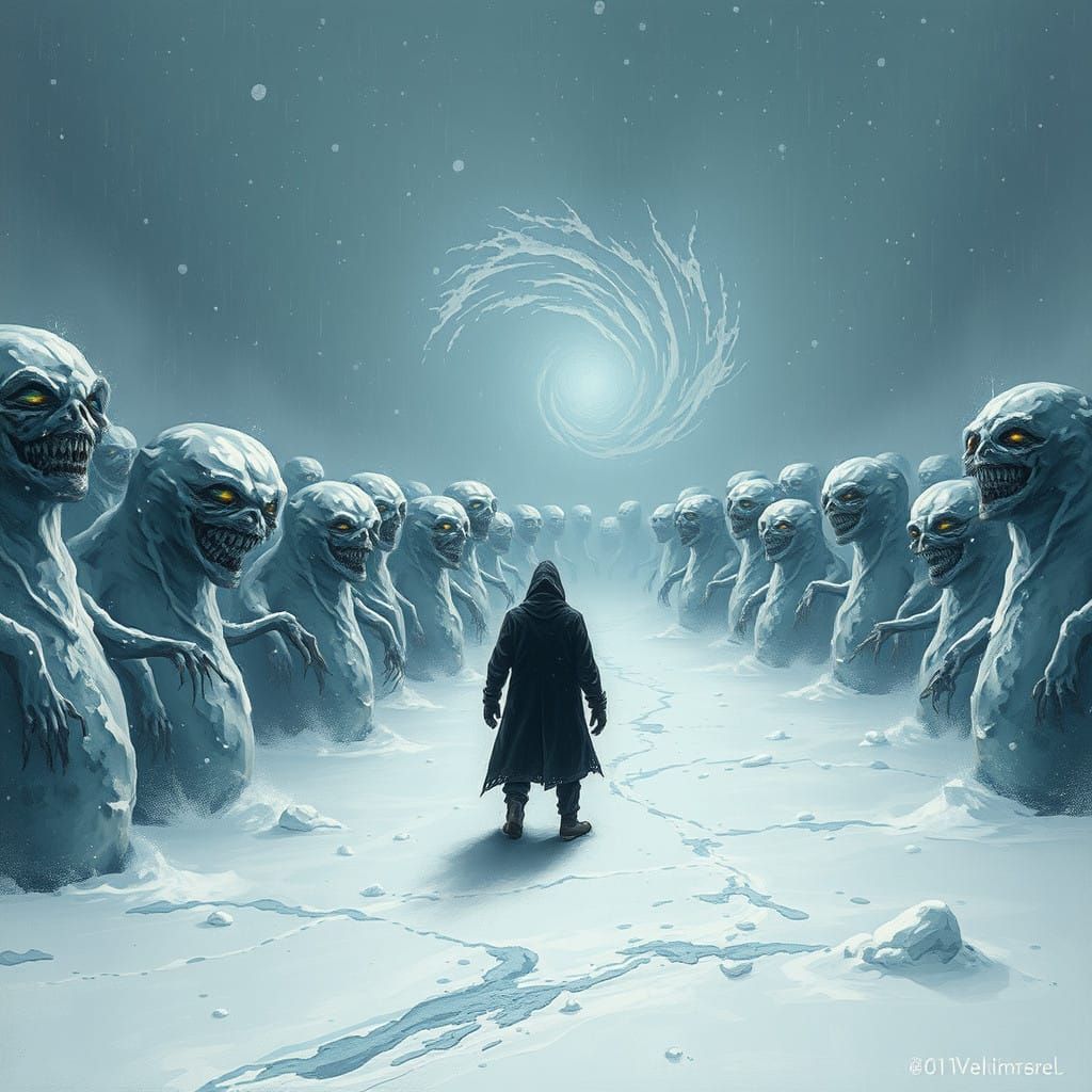 Frozen Figure in a Haunting Snowy Landscape