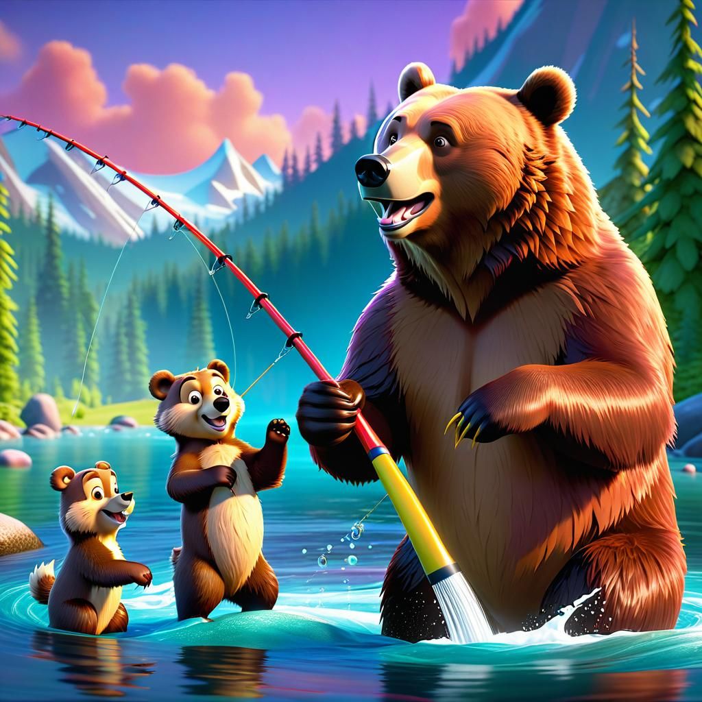 Papa Bear Fishing with Cubs: 3D Digital Art