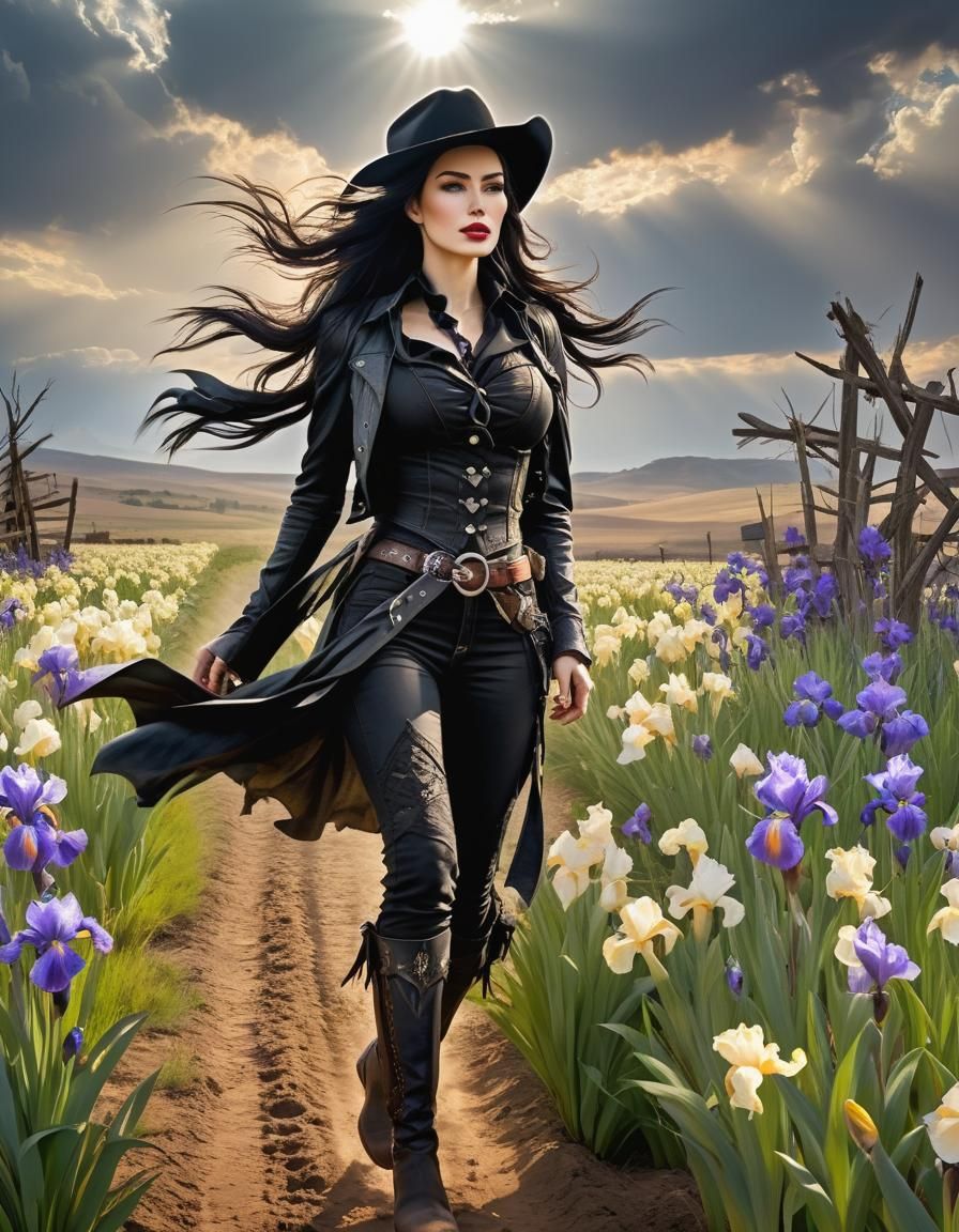Farm scene, beautiful attractive alluring Gothic cowgirl wal...