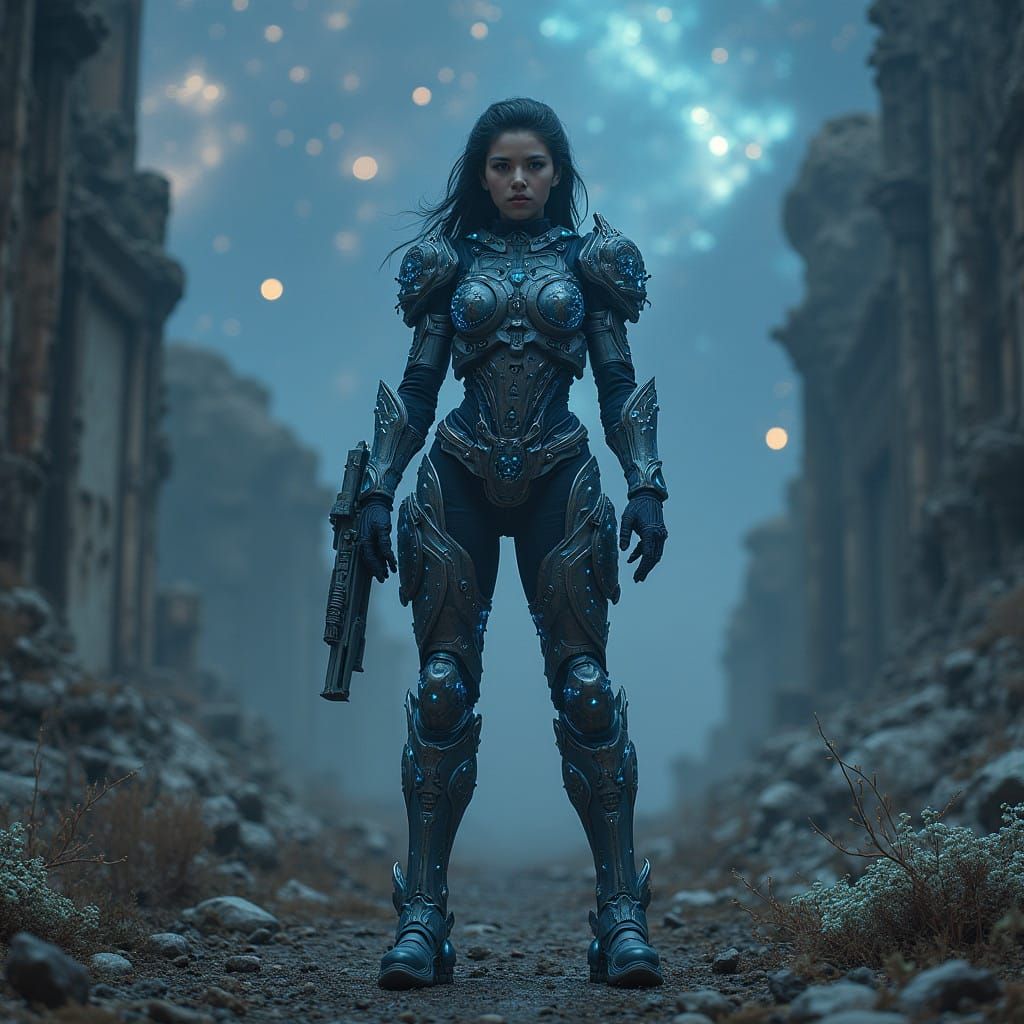 Ethereal Female Space Marine in Ruined Cityscape, Cyberpunk-...