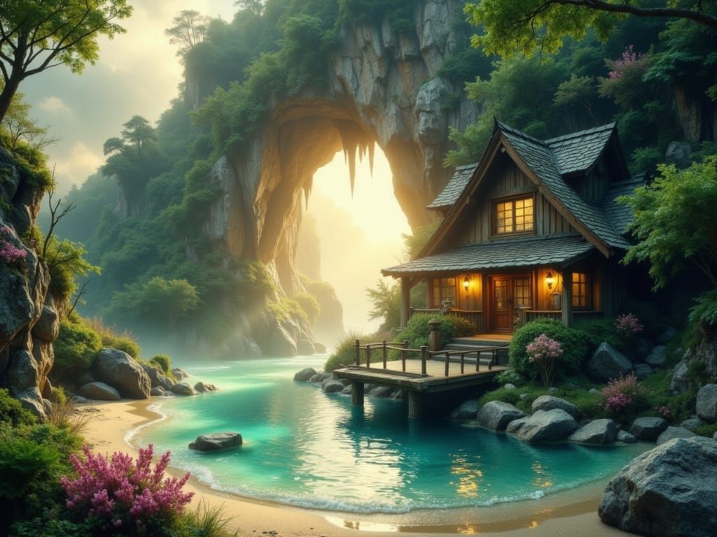 Whimsical Mountain House with Cave and Beach