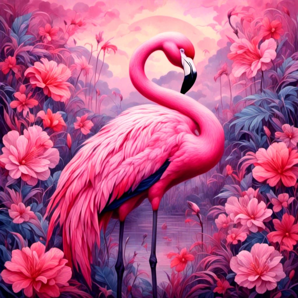 Pink Flamingo at Dusk in Art Deco Style