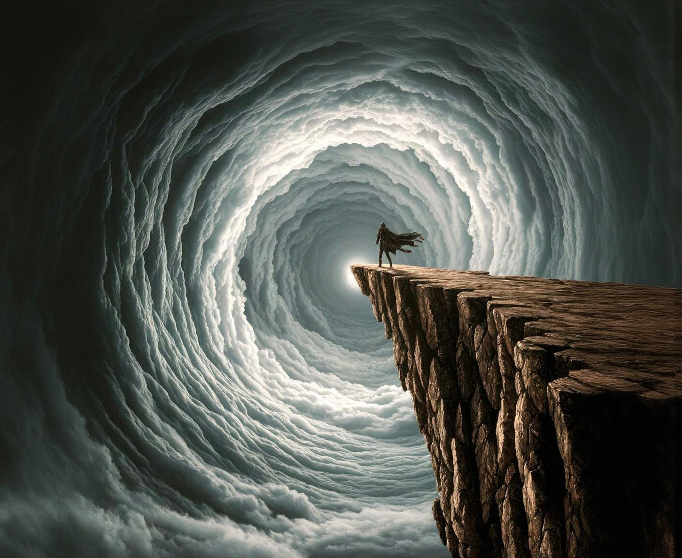 Lone Figure on High Cliff Over Cloud Vortex