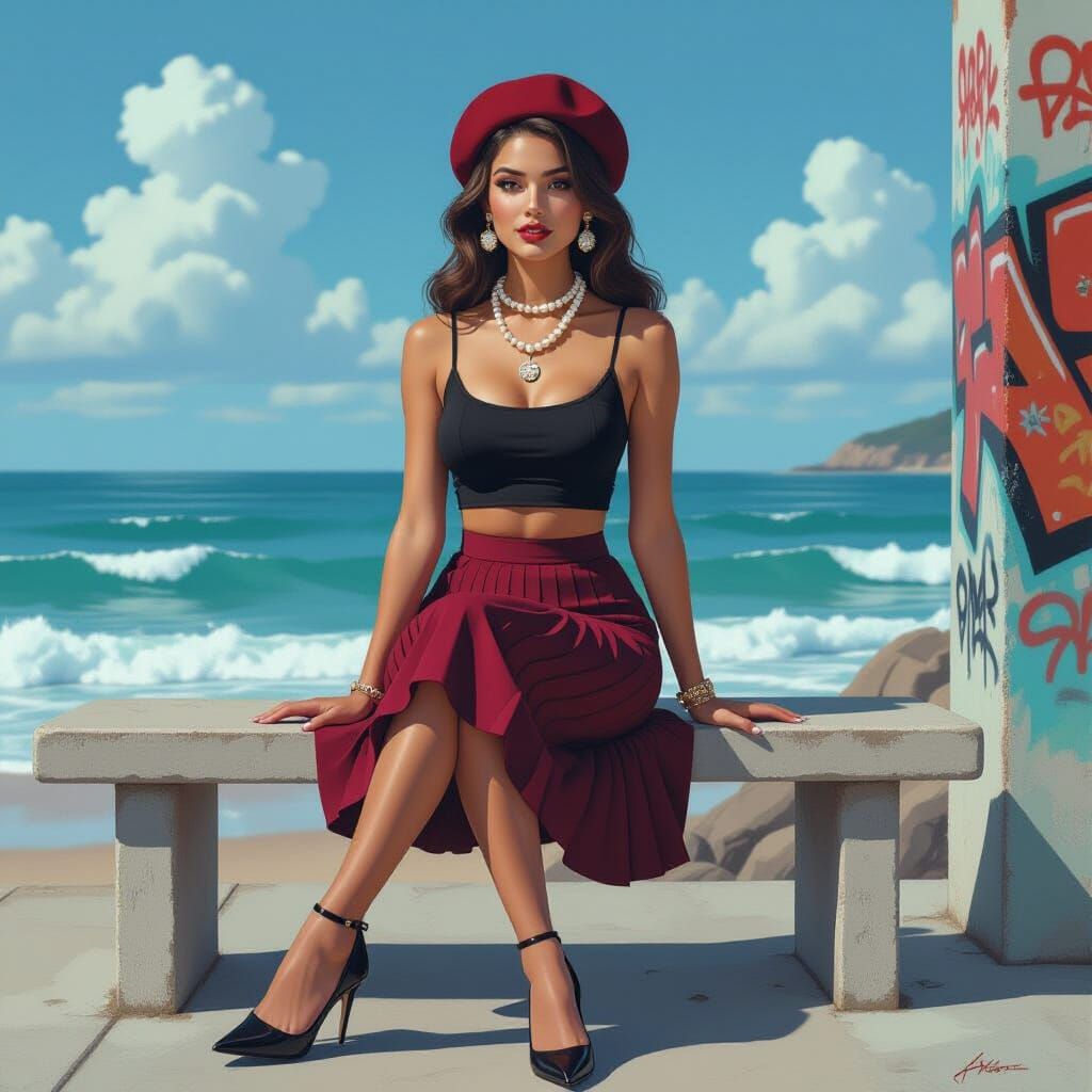 Coastal Graffiti: Woman in Urban Art Style