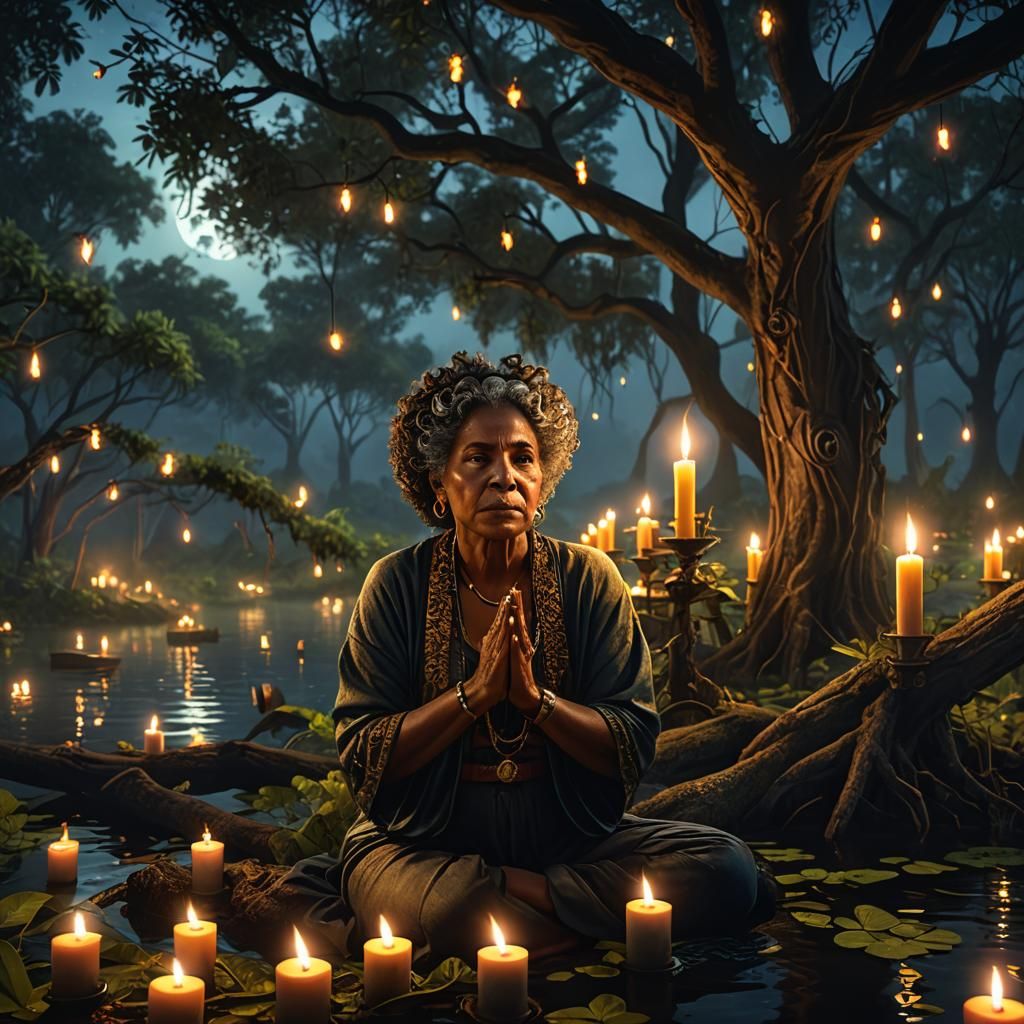 African Woman's Bayou Prayer in Vibrant Nighttime Scene